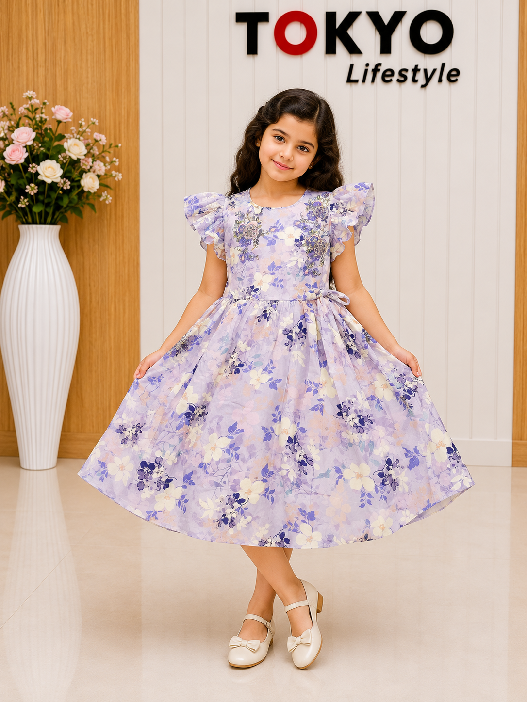 Girls Floral Embroidered Party Frock Dress with Flutter Sleeves.36.