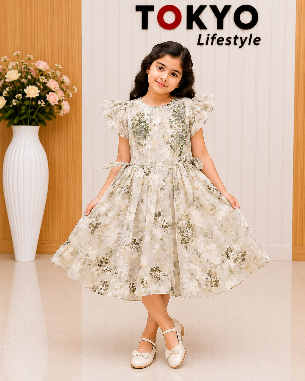 Girls Floral Embroidered Party Frock Dress with Flutter Sleeves.36.