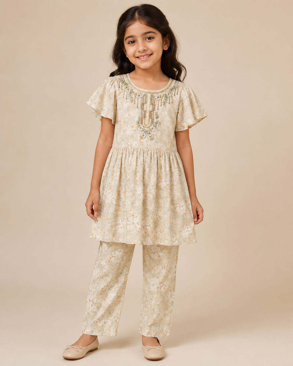 Girls Floral Printed Frock Dress Set with Matching Pants | Party & Casual Wear..30