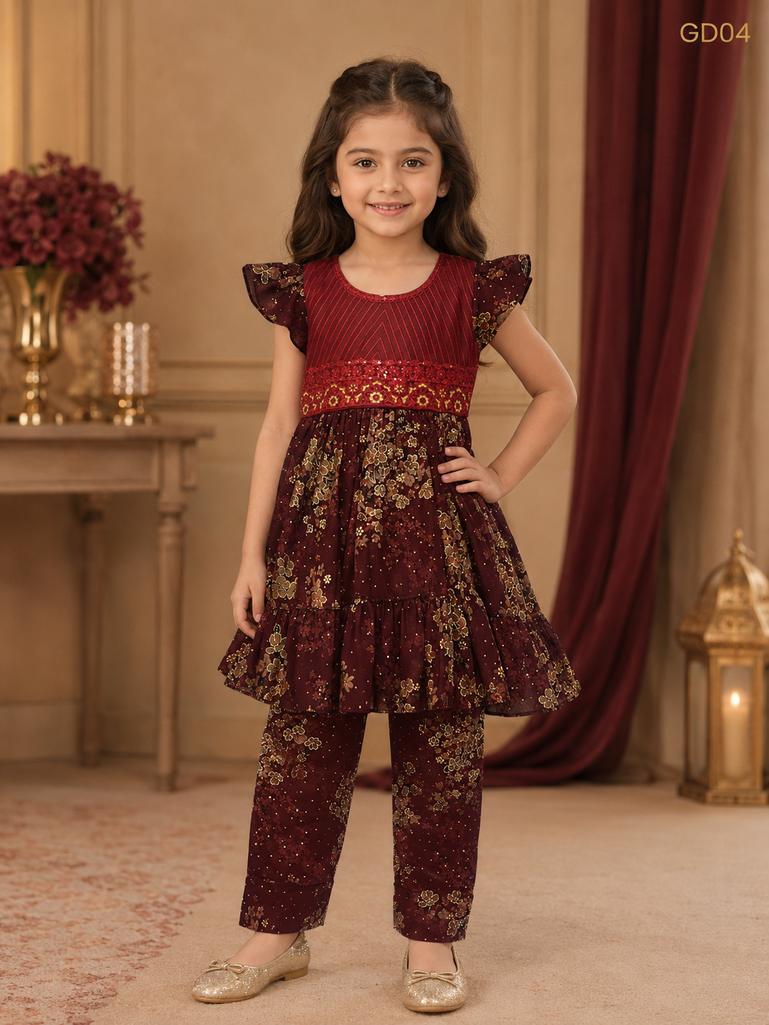 Girls Floral Ruffle Top & Trouser Set-GD04