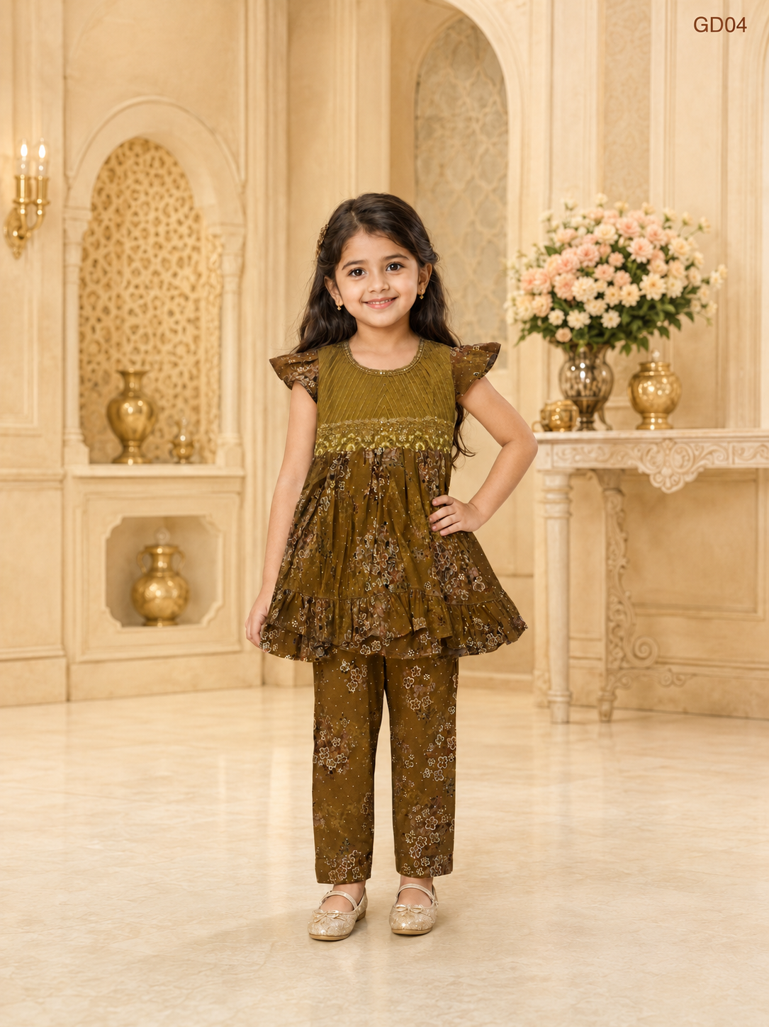 Girls Floral Ruffle Top & Trouser Set-GD04