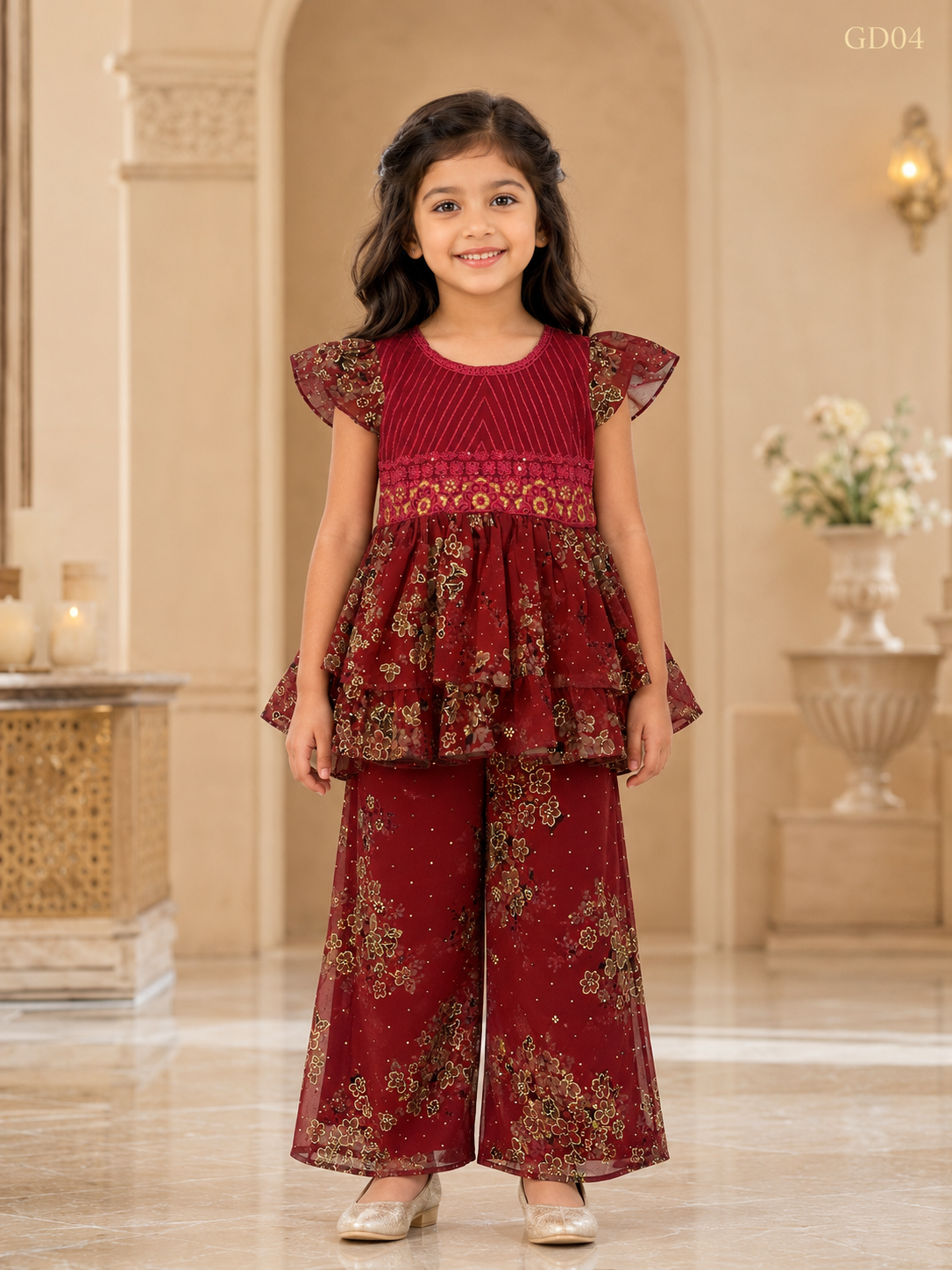 Girls Floral Ruffle Top & Trouser Set-GD04
