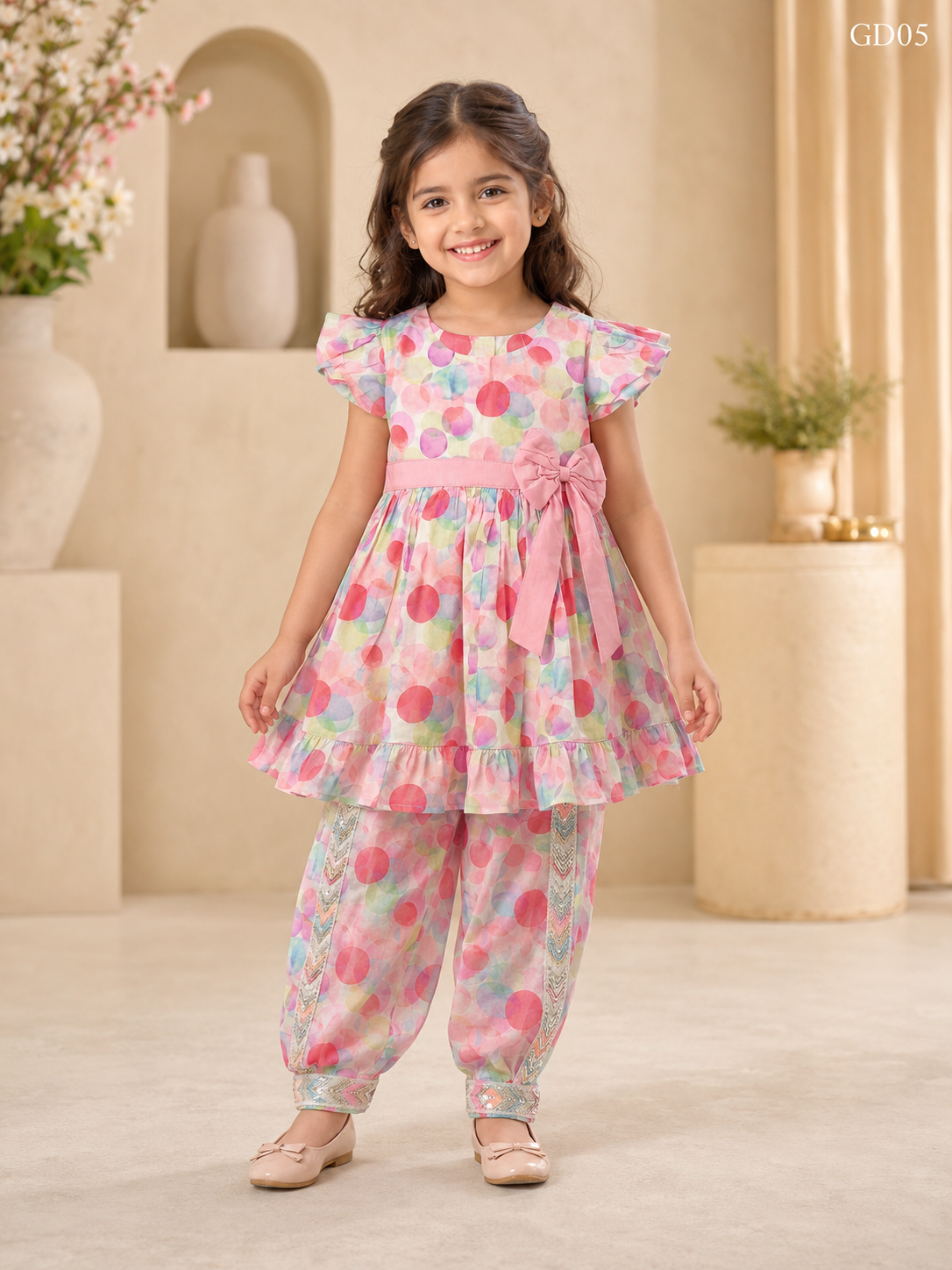 Girls Polka Dot Bow Top & Trouser Set-GD05