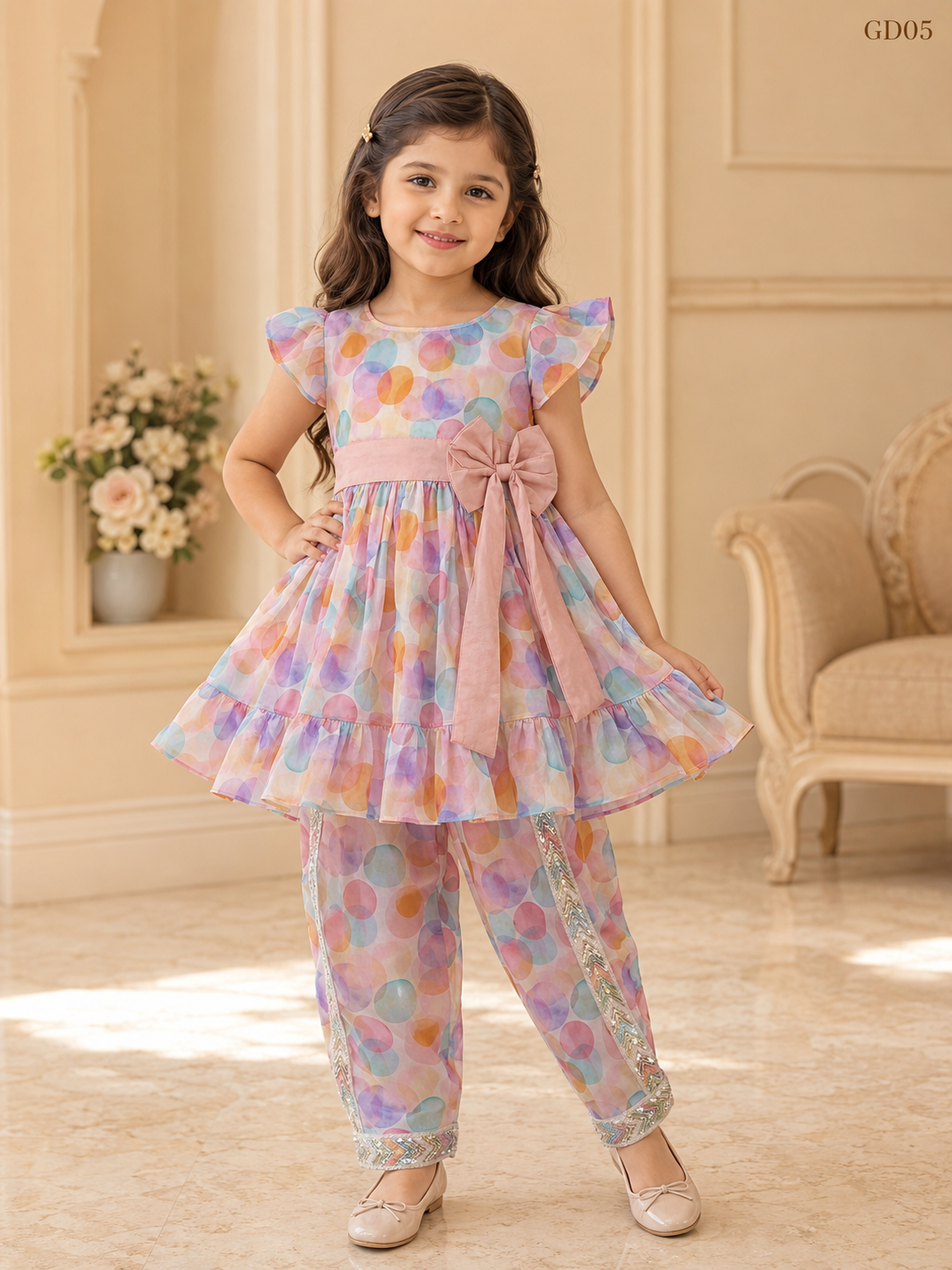 Girls Polka Dot Bow Top & Trouser Set-GD05