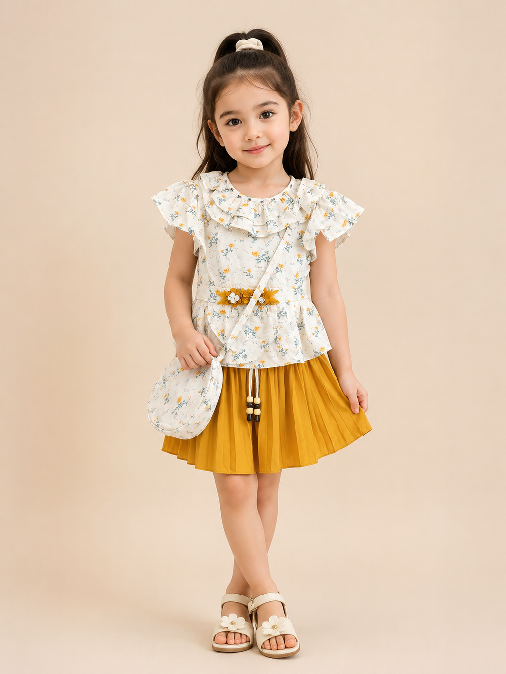 Baby Girls Floral Top & Flowy Skirt with Mini Sling Bag – 3-Piece Set.165.