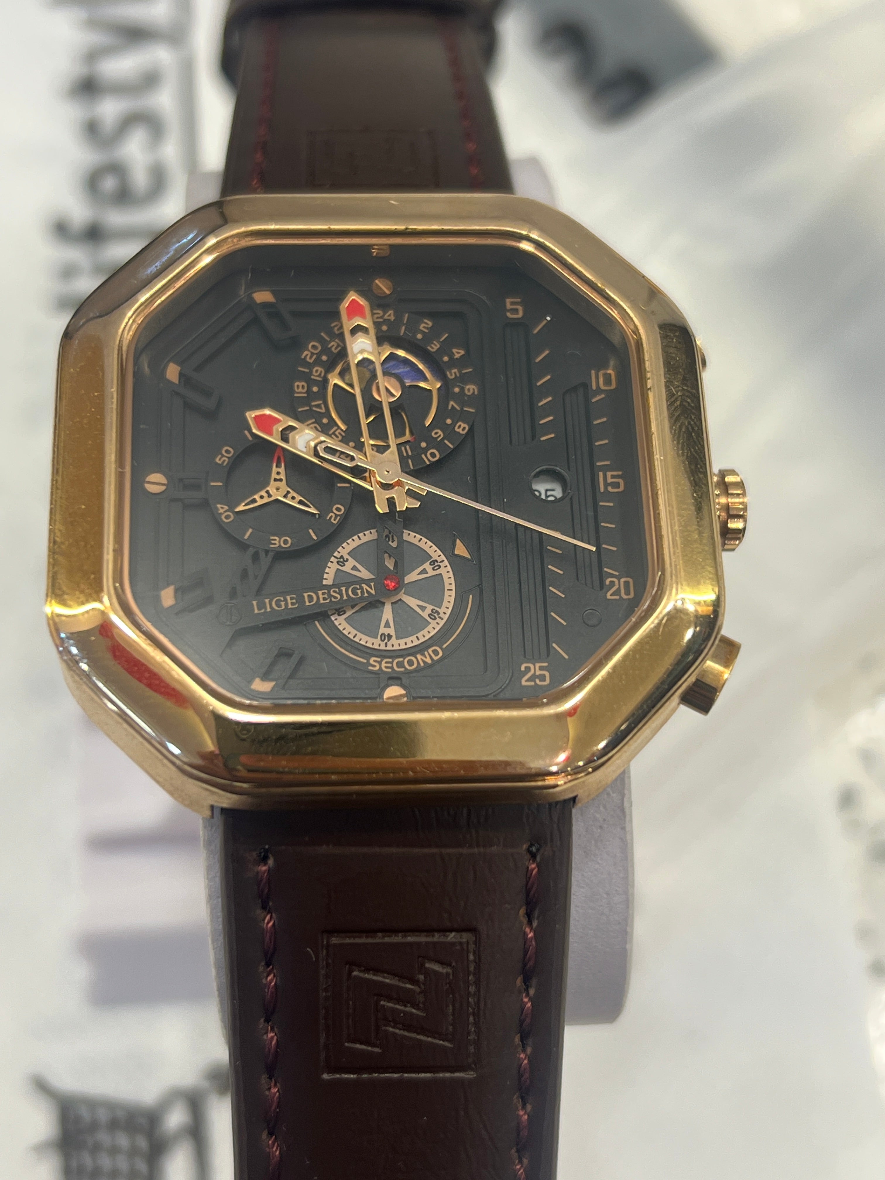 LDG31 LIGE Design Gold Square Chronograph Style Men's luxury watch