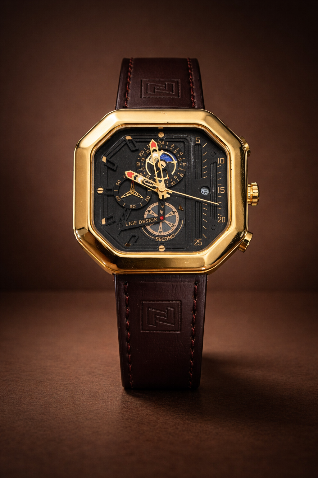 LDG31 LIGE Design Gold Square Chronograph Style Men's luxury watch