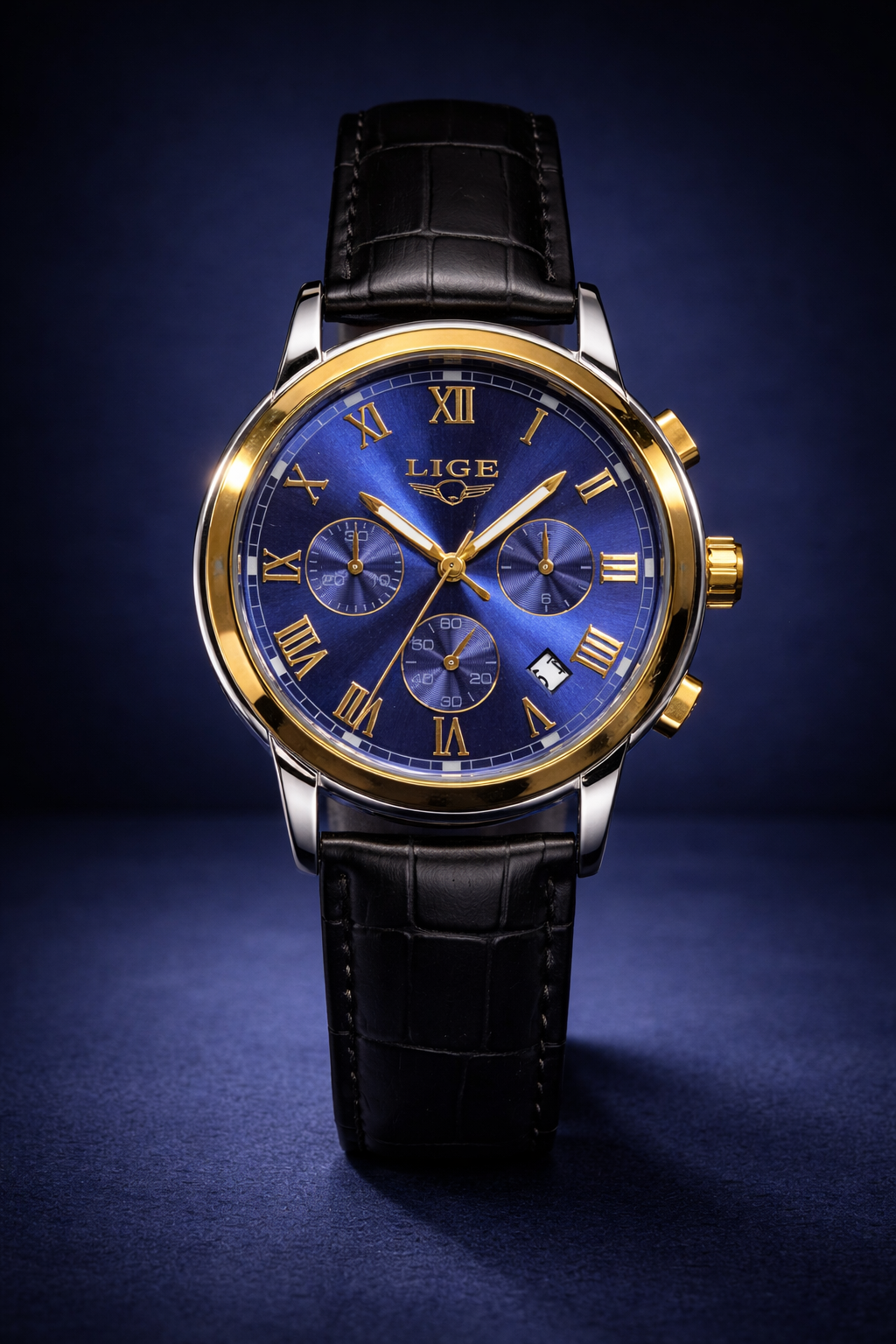 LGB39 LIGE Chronograph Style Black Leather Watch