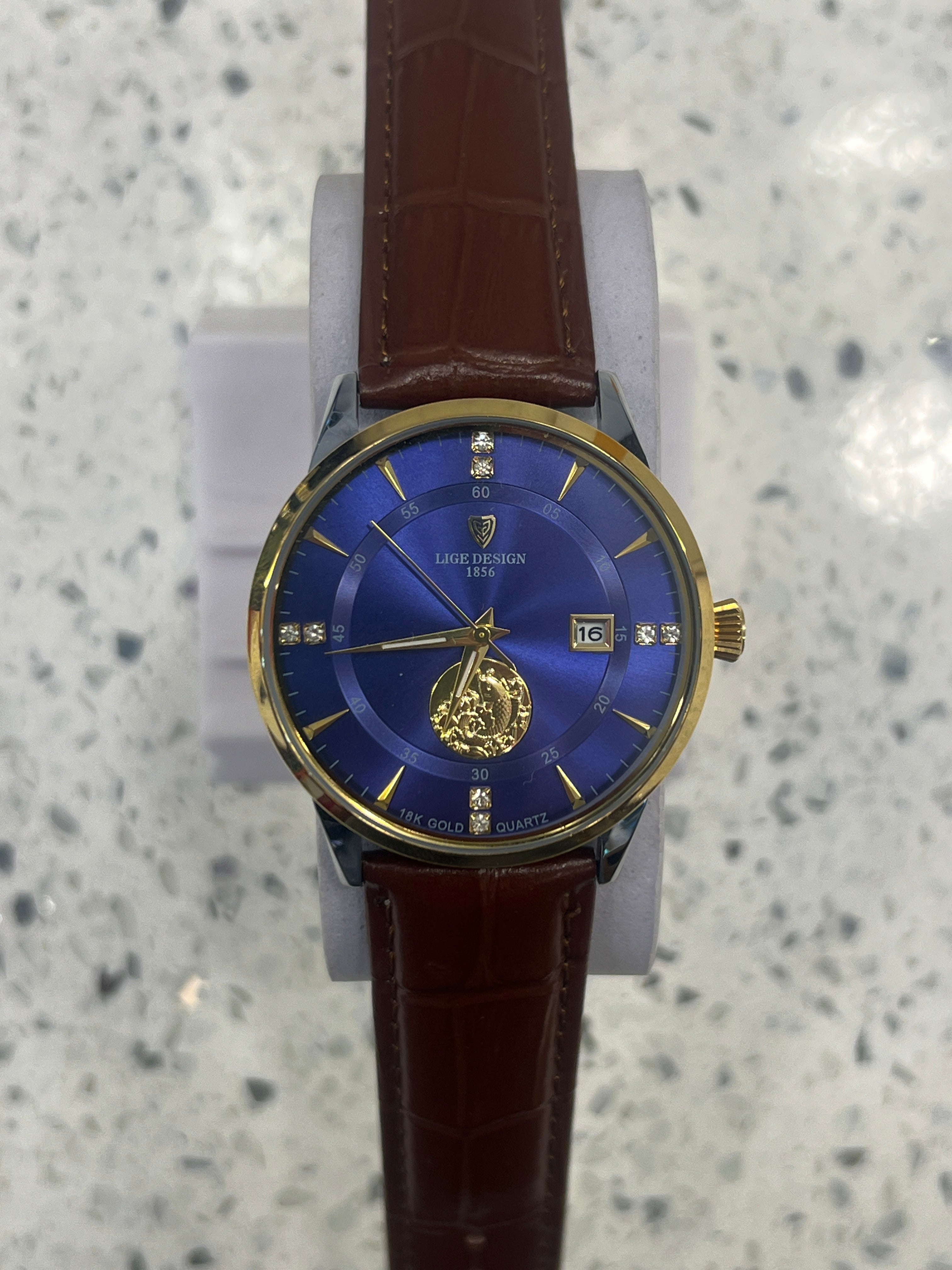 LDG33 LIGE Design Gold Bezel Leather Watch