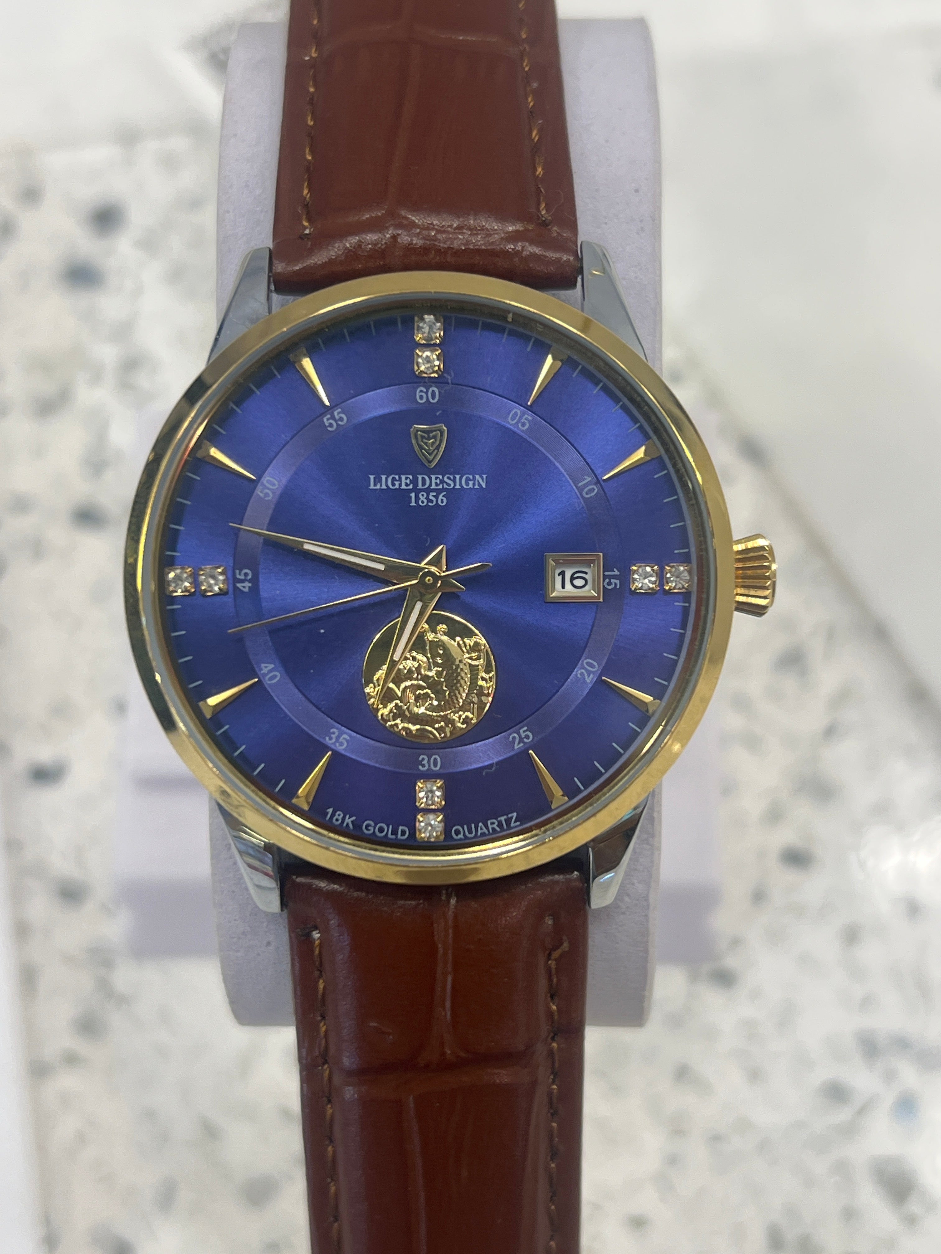 LDG33 LIGE Design Gold Bezel Leather Watch