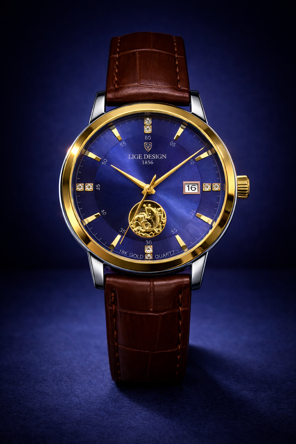 LDG33 LIGE Design Gold Bezel Leather Watch