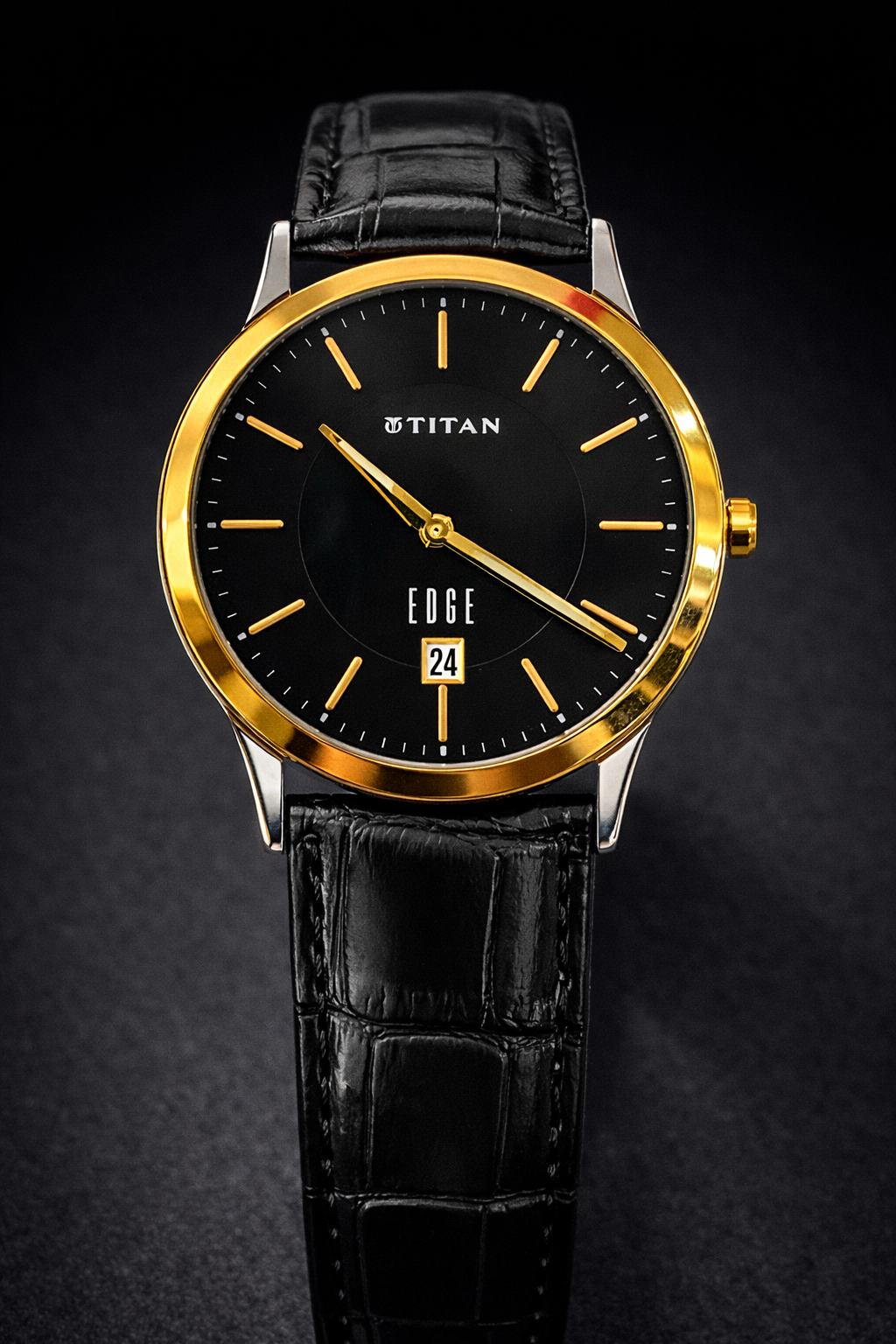 TBG47 Titan Edge Black Dial Gold Bezel Slim Leather Watch