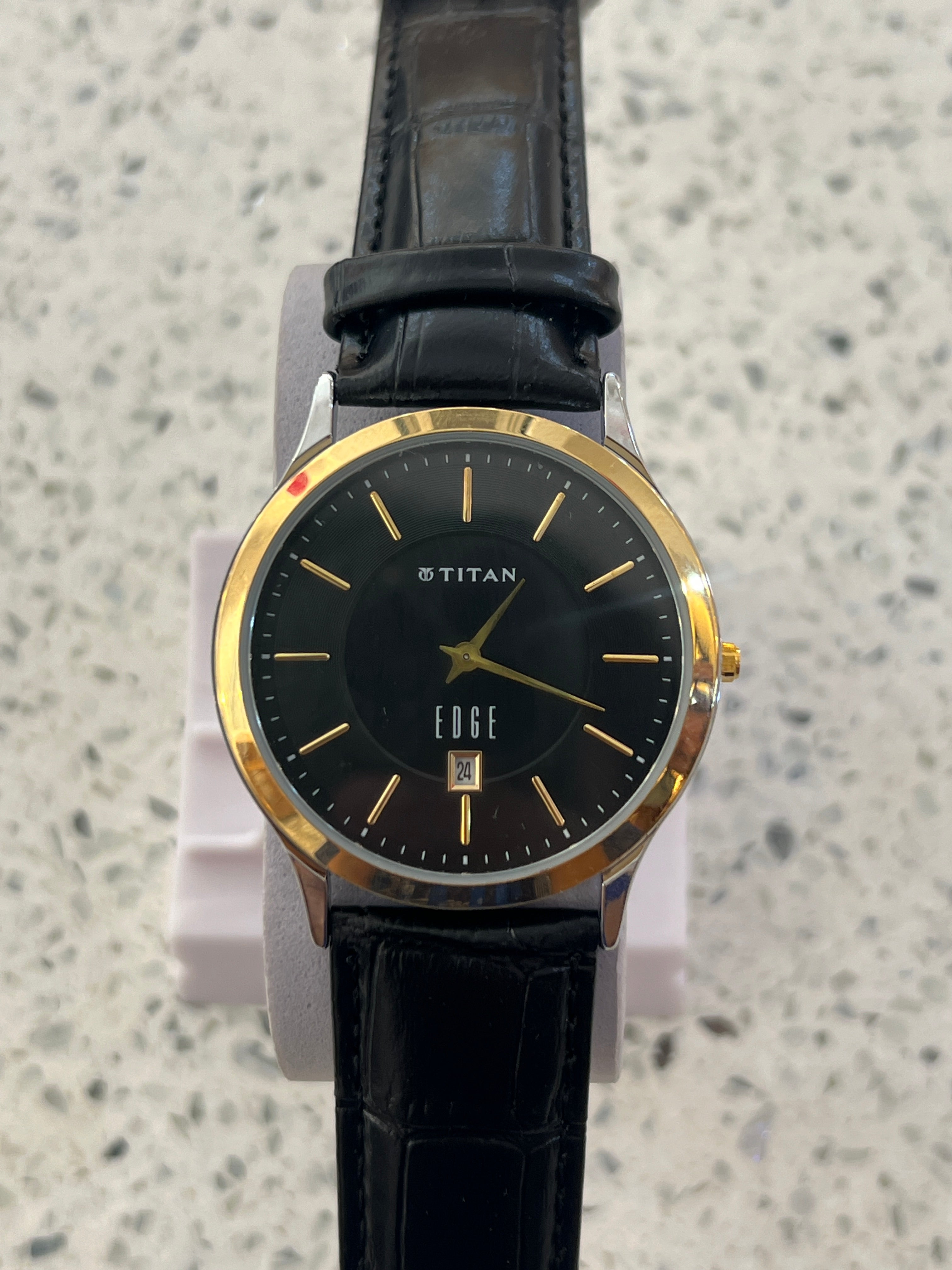 TBG47 Titan Edge Black Dial Gold Bezel Slim Leather Watch