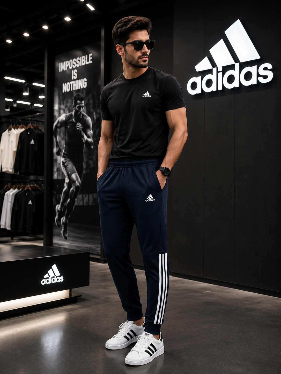 Three Half Stripe Athletic Track Pant Navy/White