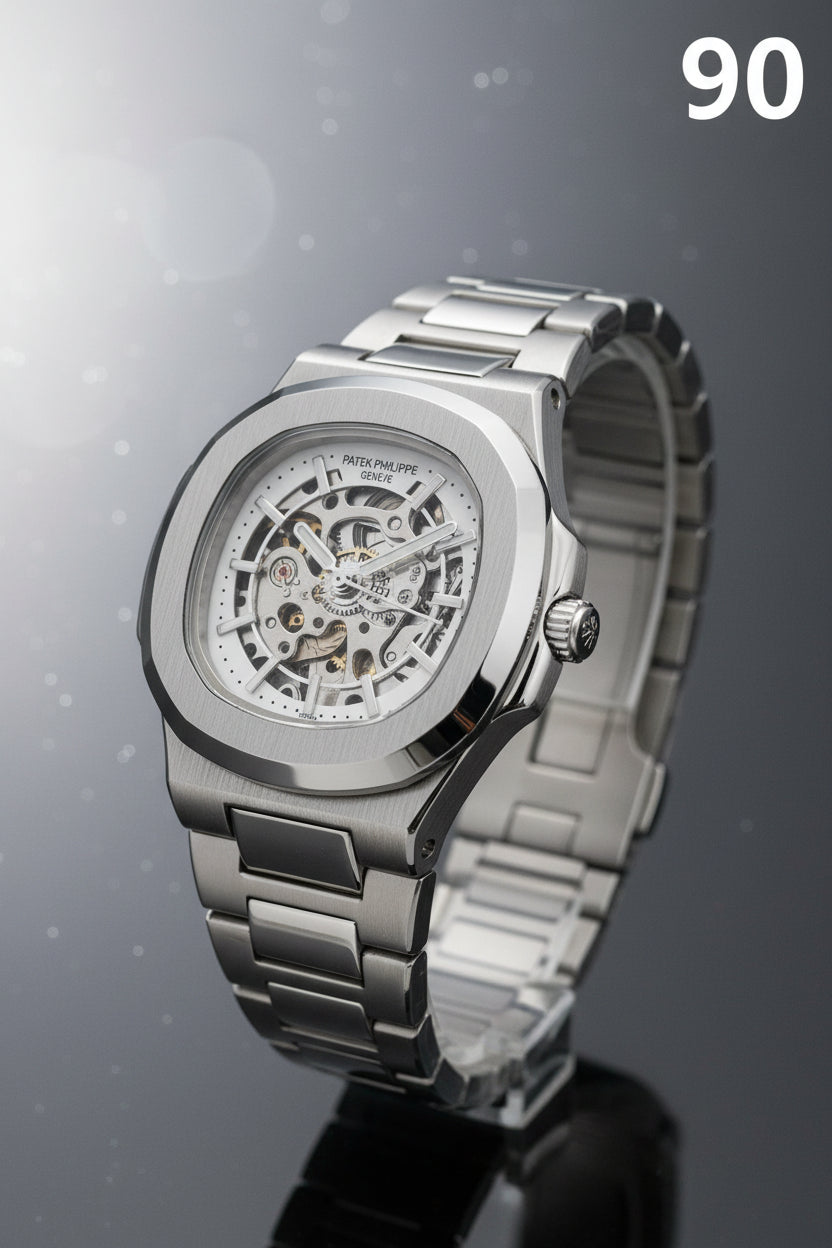 PP90 Nautilus Style Skeleton Dial Stainless Steel Luxury Watch