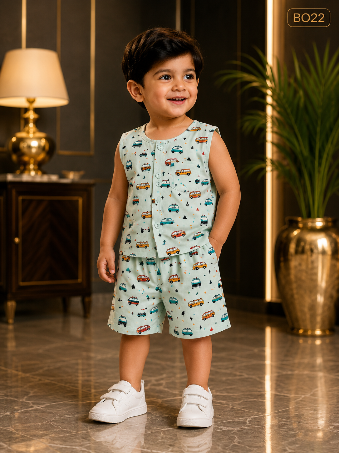 Baby Boys Car Print Sleeveless Co-Ord Set-BO22