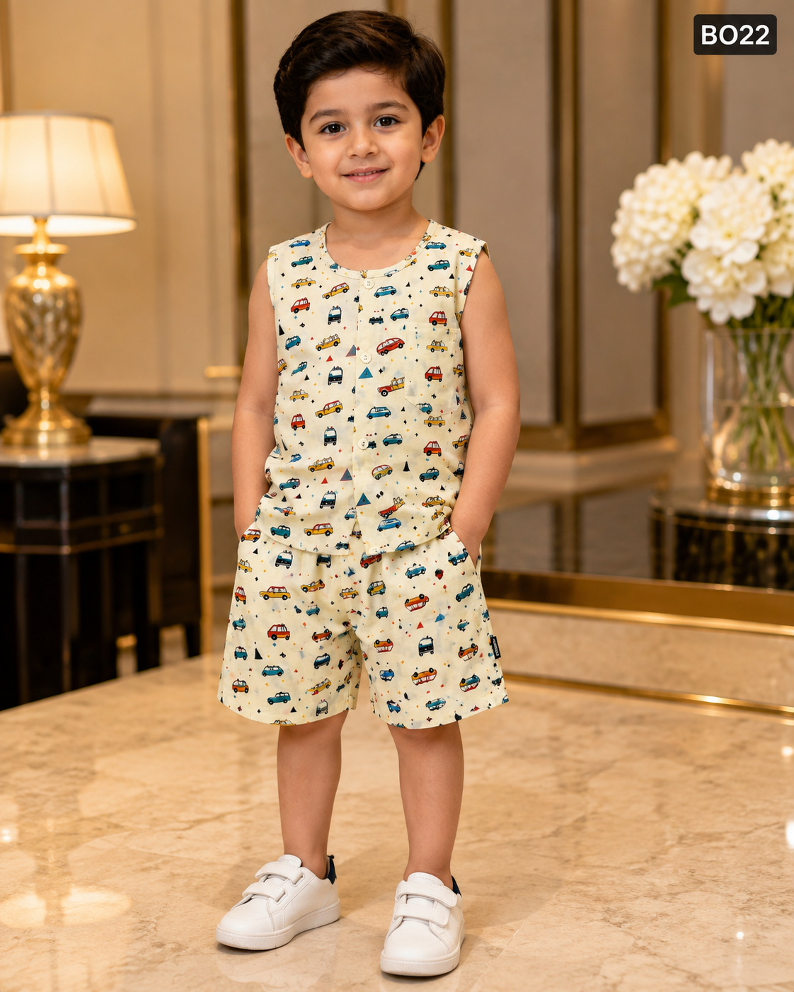 Baby Boys Car Print Sleeveless Co-Ord Set-BO22