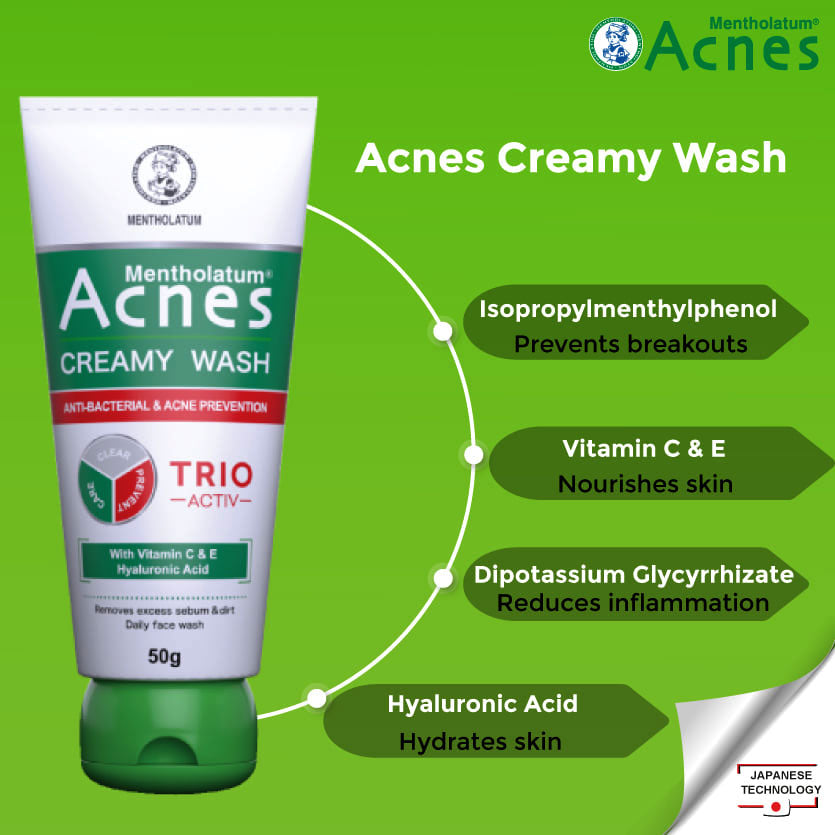Mentholatum Acnes Creamy Wash Trio Activ – Anti-Bacterial Acne Prevention Face Wash (50g)