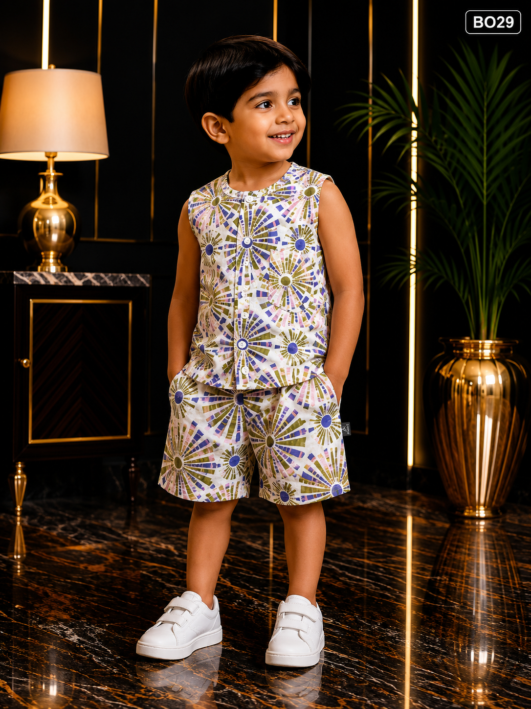 Baby Boys Geo Fan Print Sleeveless Co-Ord Set-BO29