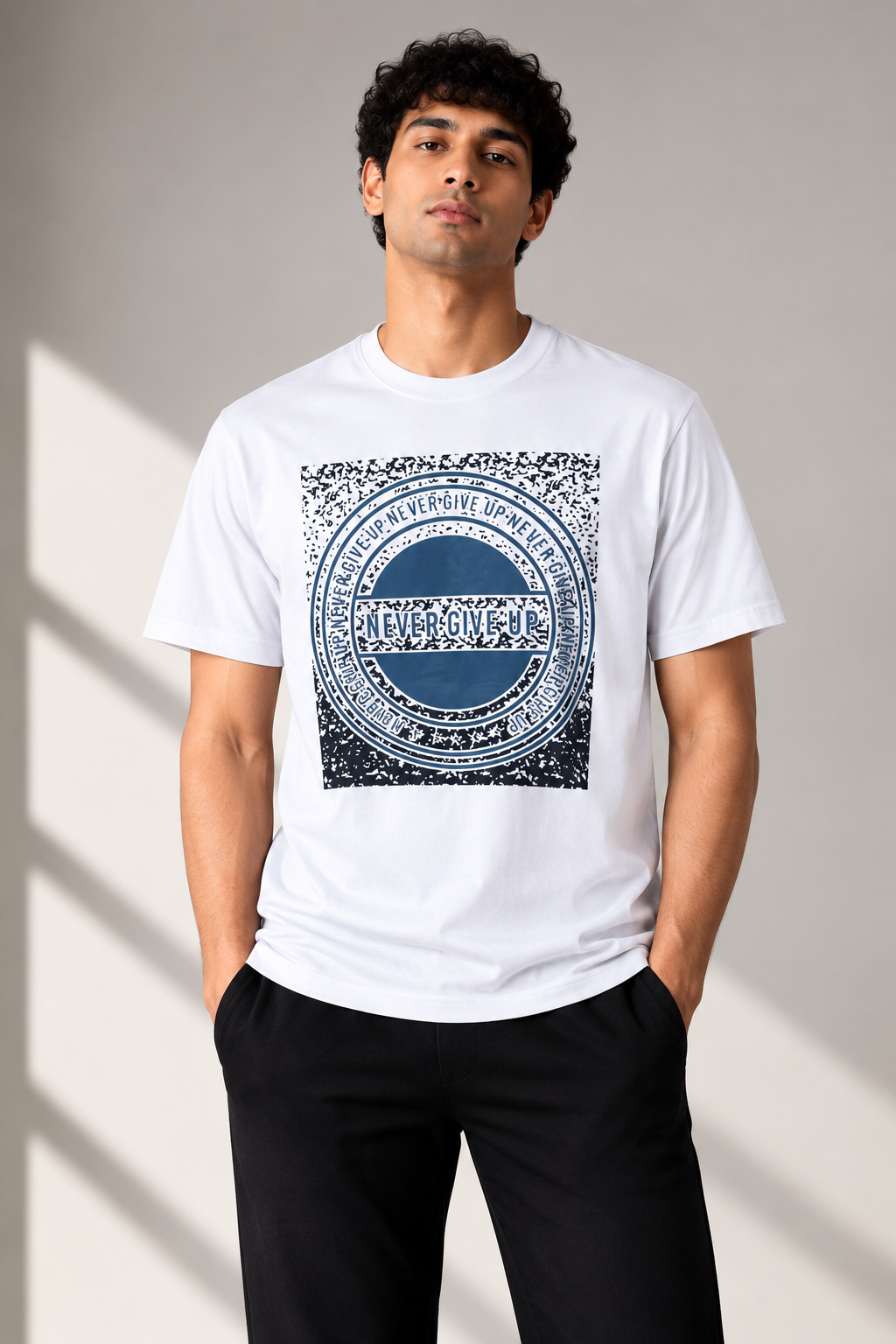 Men’s Never Give Up Graphic Printed T-Shirt – White TS01