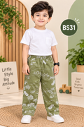 Kids’ Tropical Printed Cotton Pants – Olive Green BS31