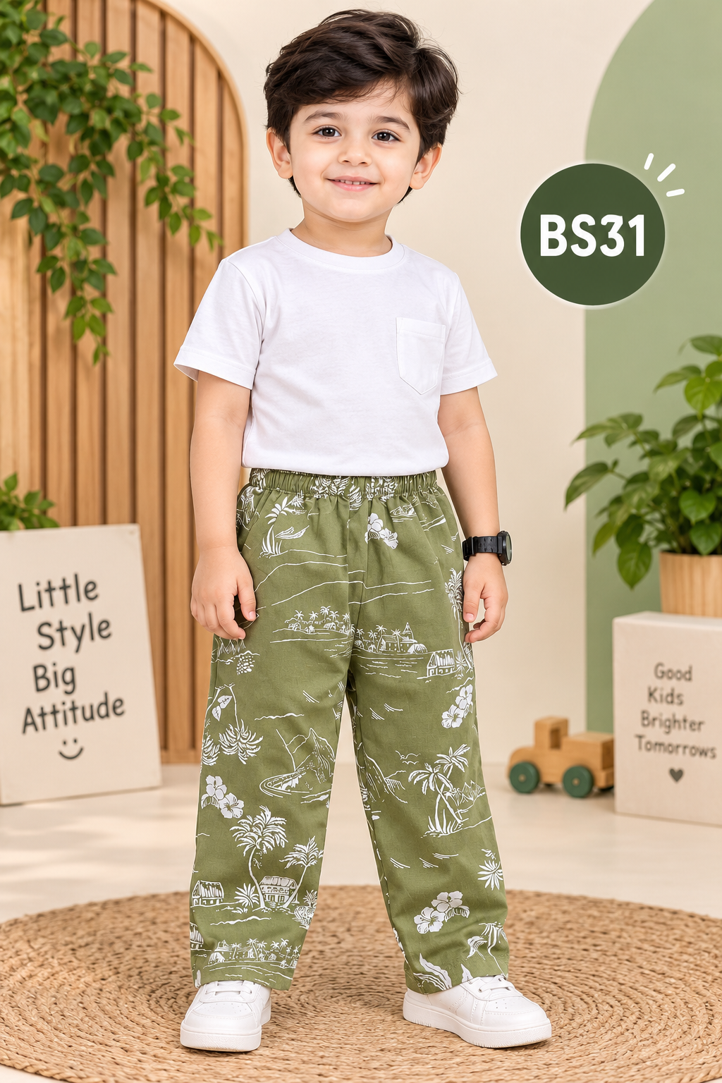Kids’ Tropical Printed Cotton Pants – Olive Green BS31