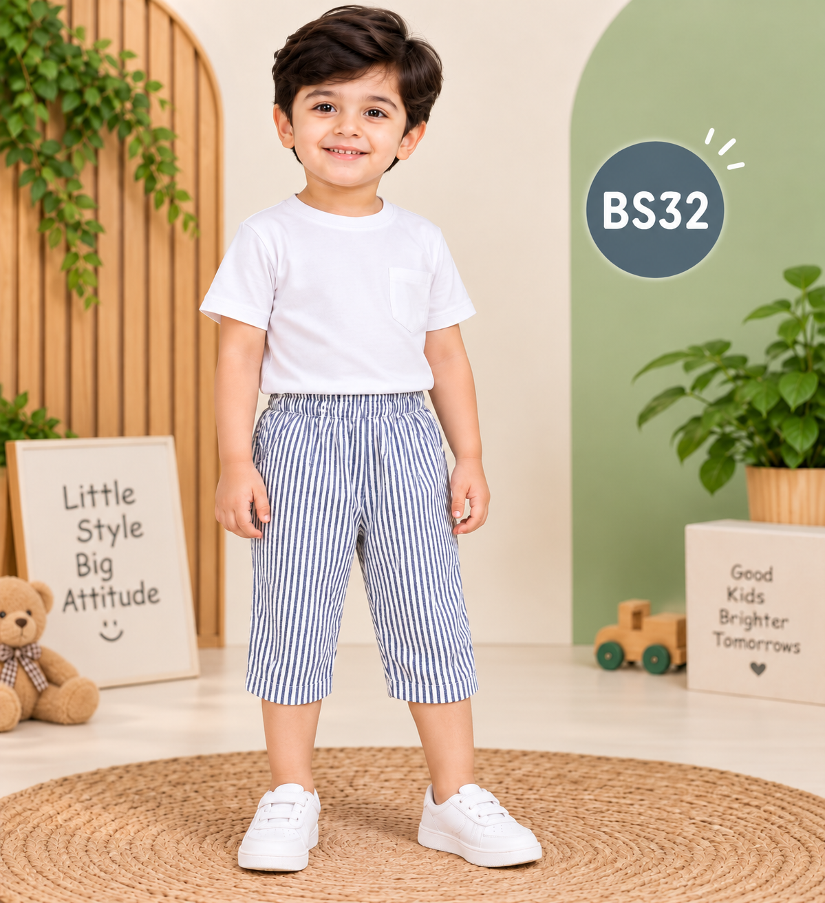 Kids’ Premium Striped Cotton Pants – White & Navy Blue BS32