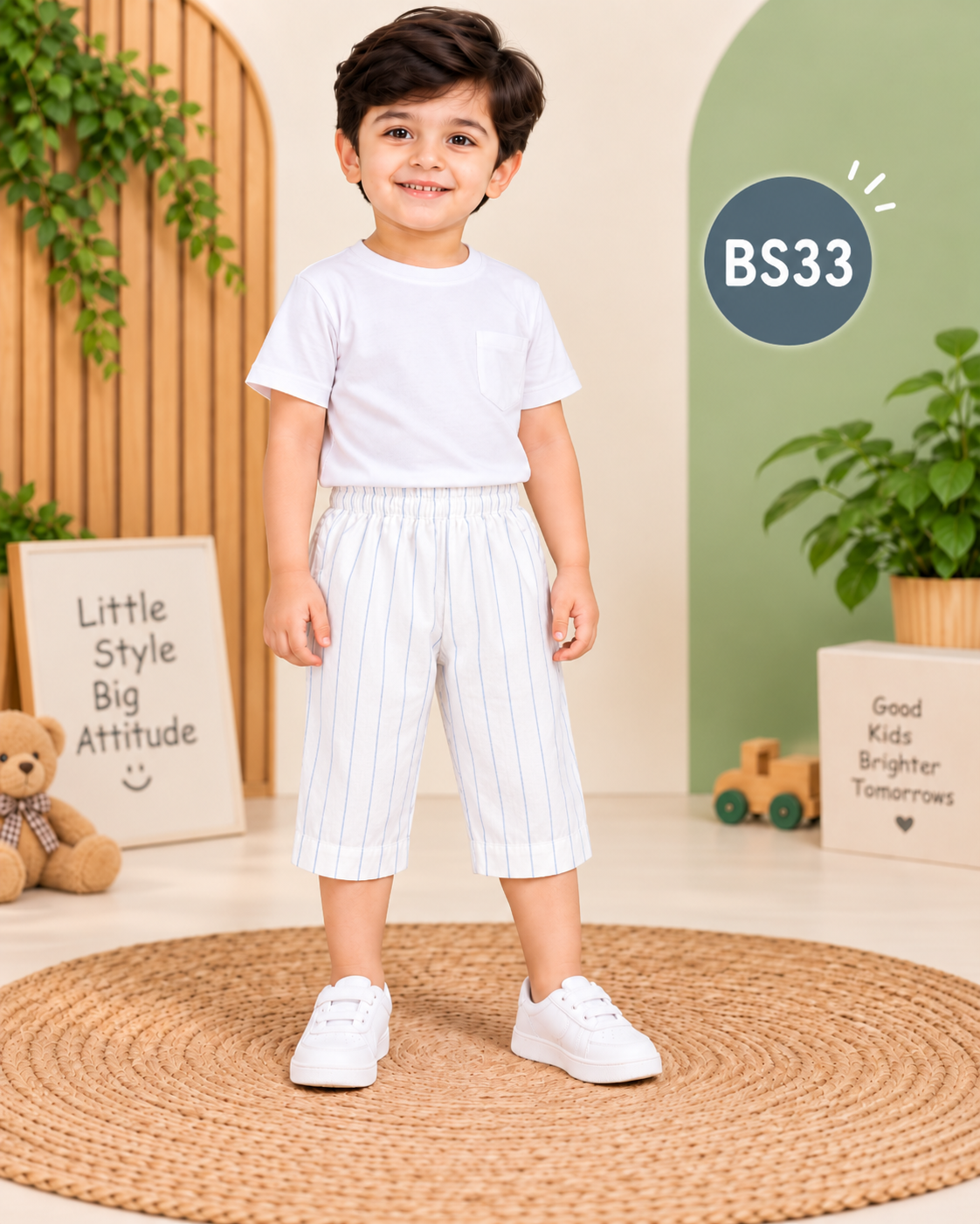 Kids’ Premium Pinstripe Cotton Pants – White & Light Blue BS33
