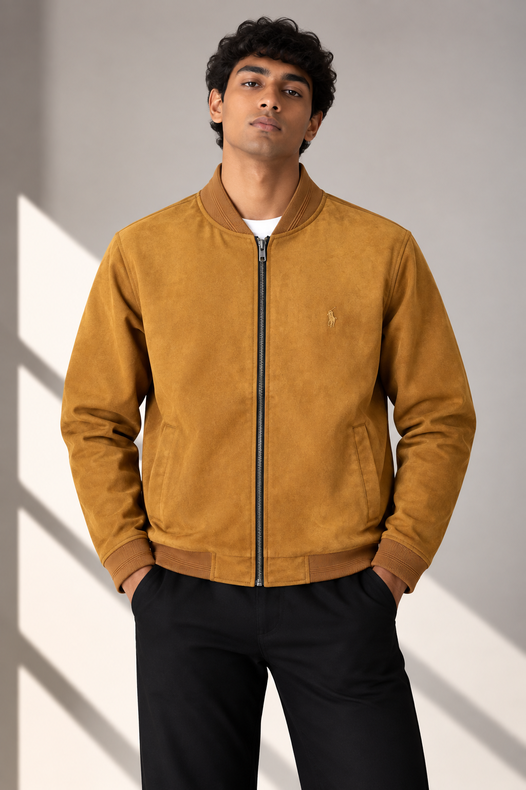 Men’s Premium Full-Zip Bomber Jacket – Camel Brown