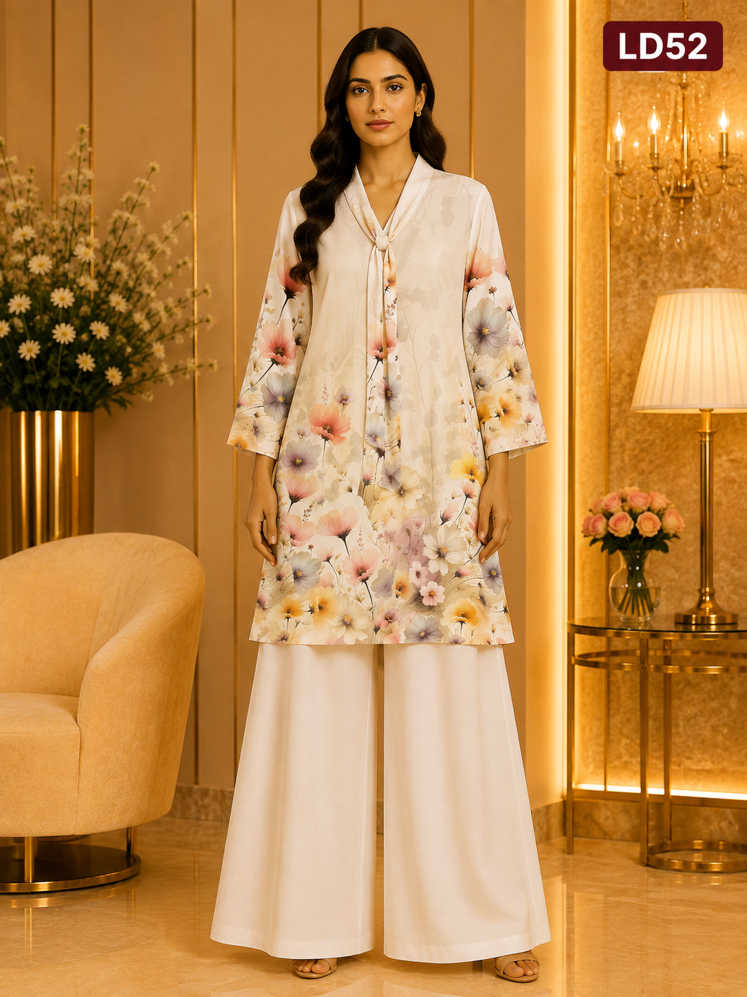 Ivory Garden Floral Tie Neck Linen Top-LD52