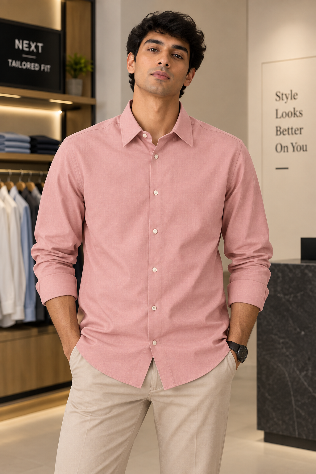 Men’s Premium Micro Check Long Sleeve Formal Shirt – Dusty Rose