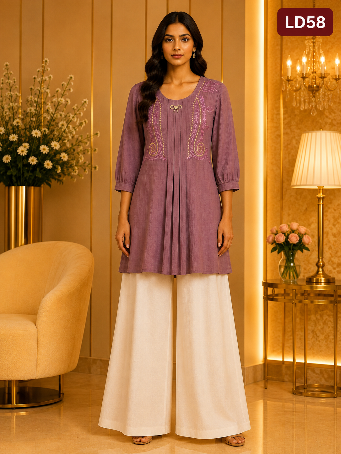 Muted Mauve Embroidered Pleated Linen One Point Top-LD58