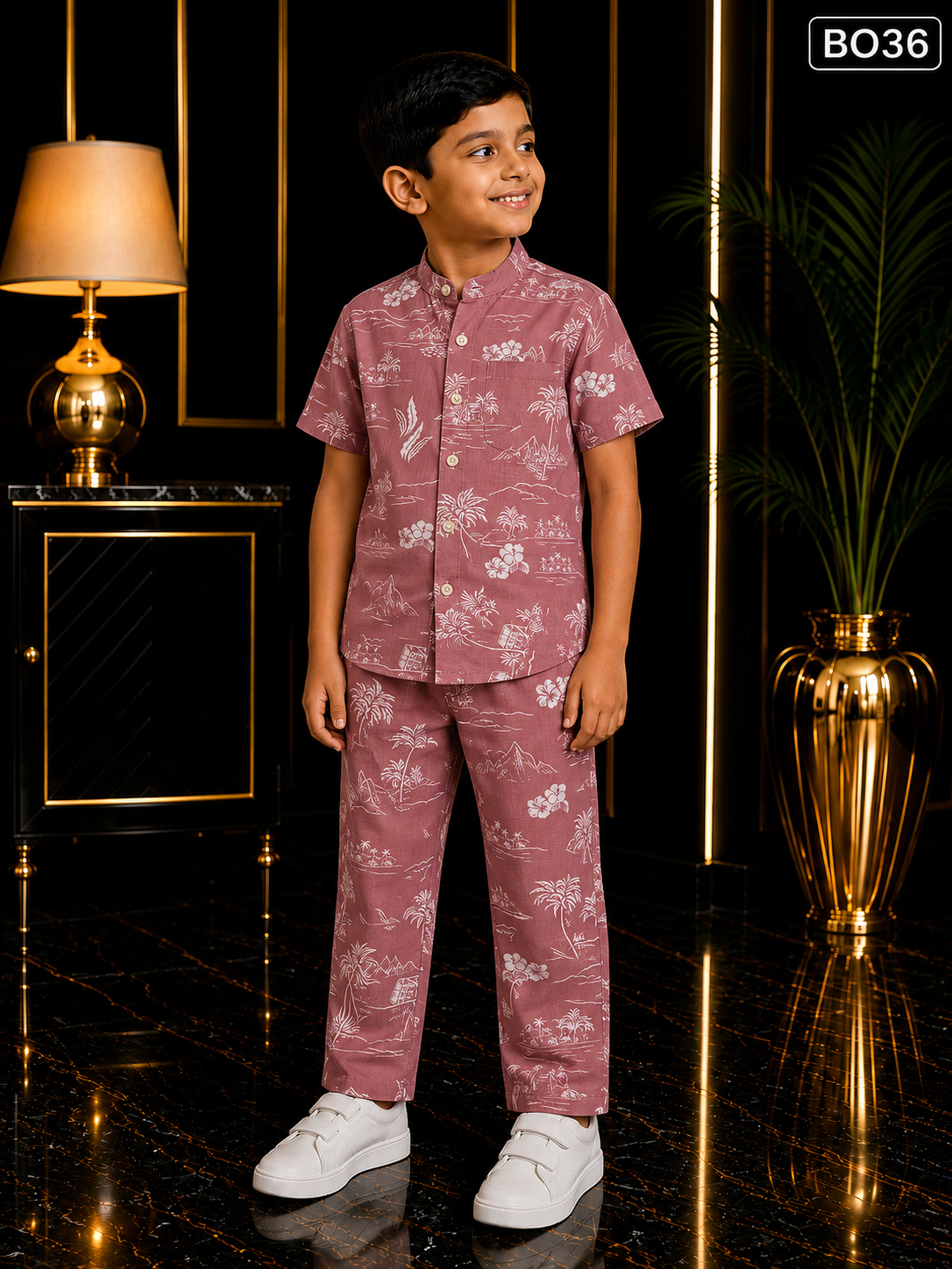 Boys’ Dusty Rose Scenic Print Mandarin Collar Shirt & Pant Set-BO36