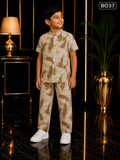 Boys’ Beige Leaf Print Mandarin Collar Shirt & Pant Set-BO37