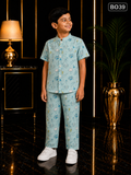 Boys’ Sky Blue Cartoon Print Mandarin Collar Shirt & Pant Set-BO39