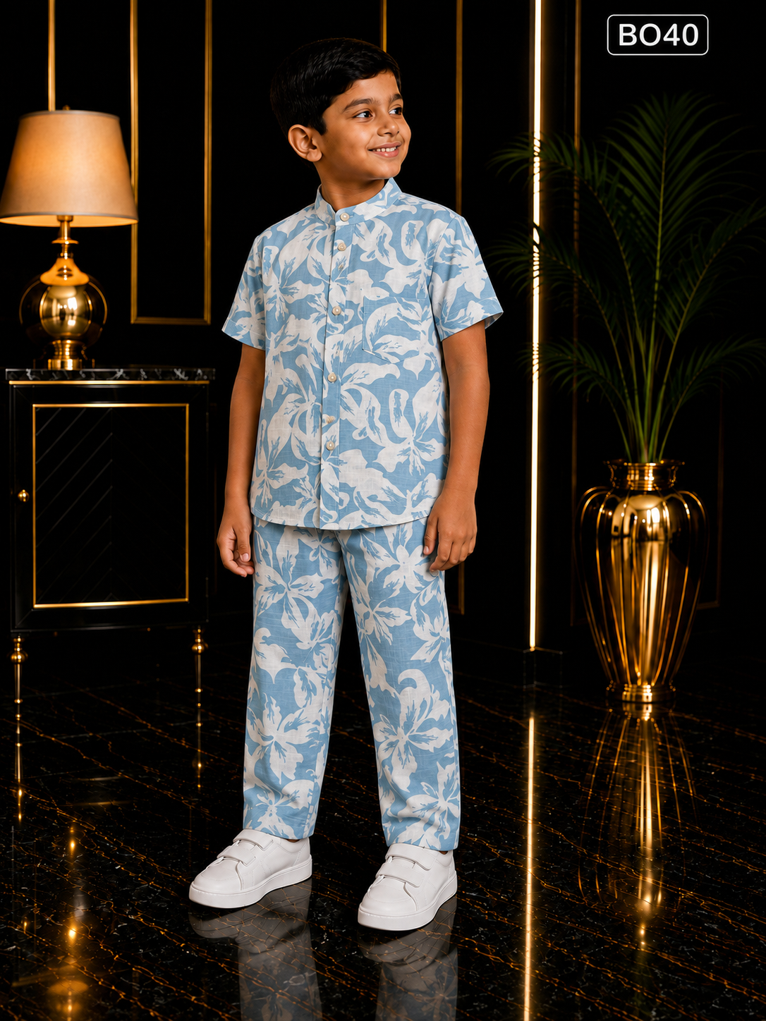 Boys’ Sky Blue Tropical Mandarin Collar Shirt & Pant Set-BO40