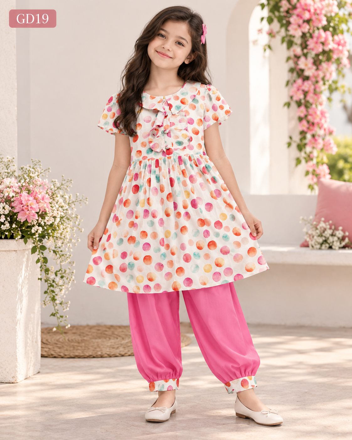 Girls Multicolor Polka Dot Ruffle Top & Harem Pant Set-GD19