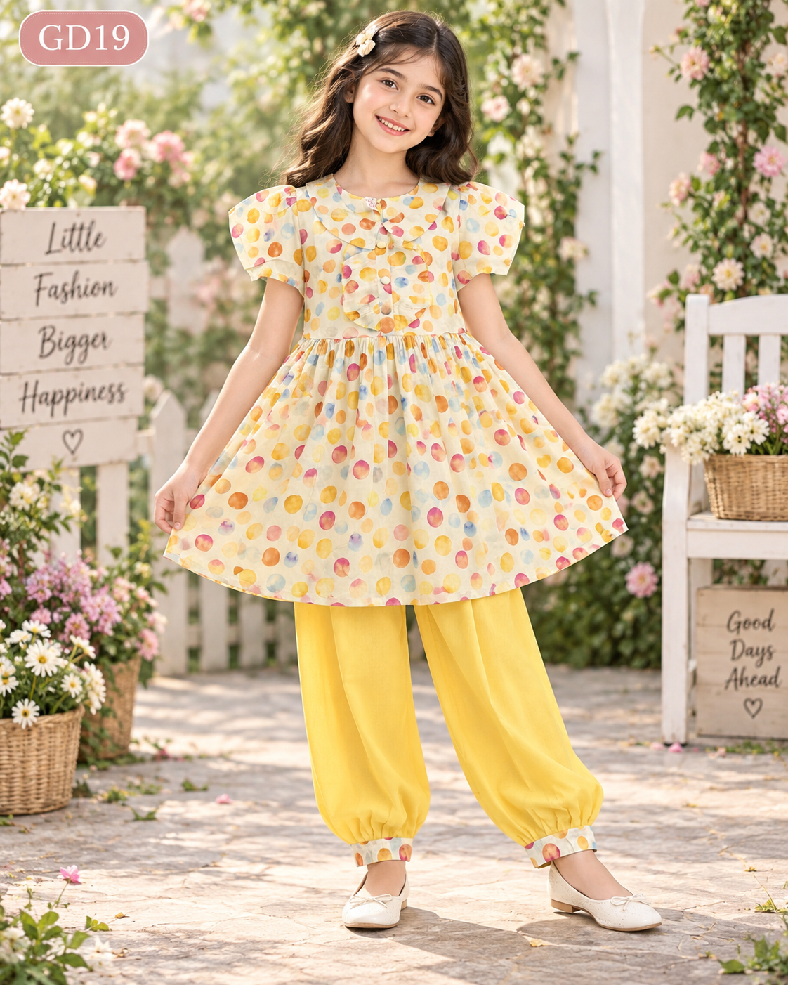 Girls Multicolor Polka Dot Ruffle Top & Harem Pant Set-GD19