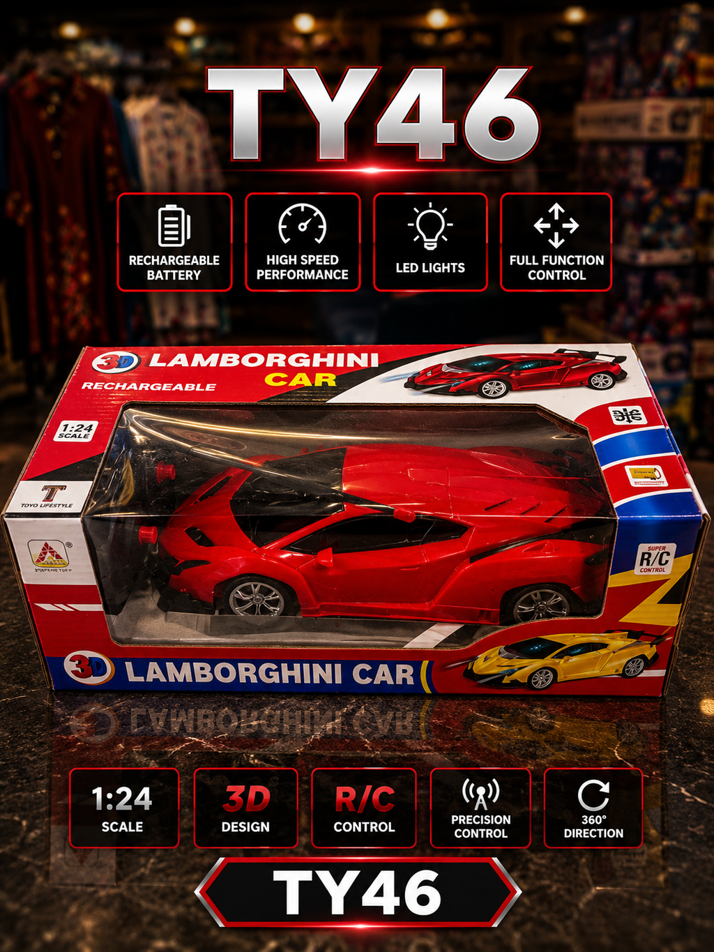 3D Lamborghini RC Car (Rechargeable, 1:24 Scale) - Metallic Red-TY46