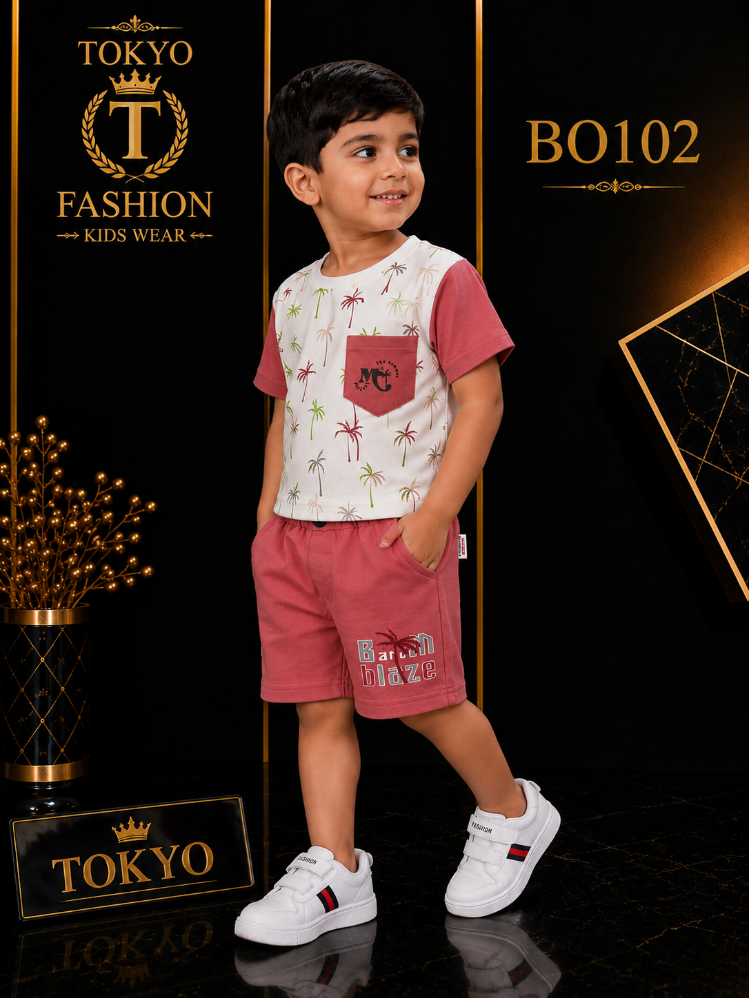 Boys’ Premium Palm Print Pocket T-Shirt & Shorts Set – BO102