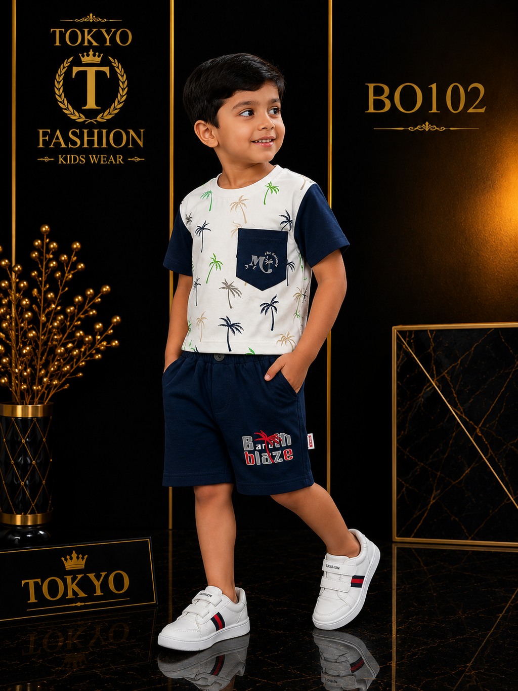 Boys’ Premium Palm Print Pocket T-Shirt & Shorts Set – BO102