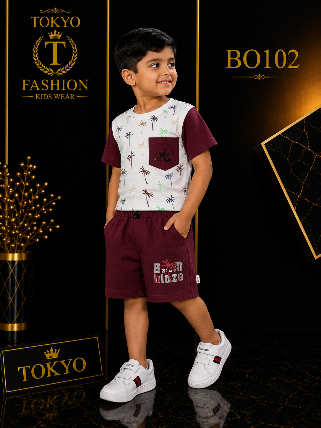 Boys’ Premium Palm Print Pocket T-Shirt & Shorts Set – BO102
