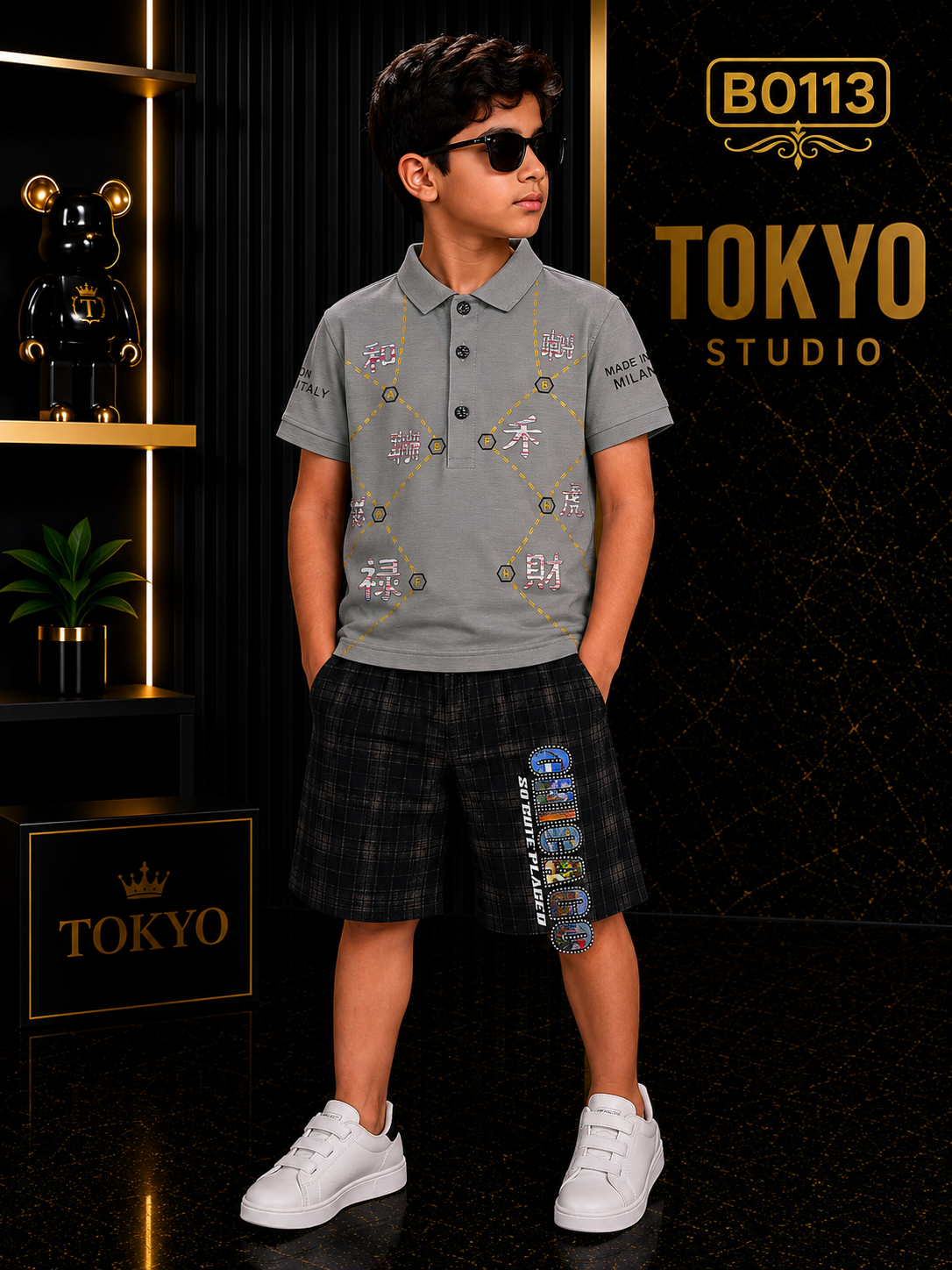 Boys’ Premium Graphic Polo T-Shirt & Check Shorts Set – BO113
