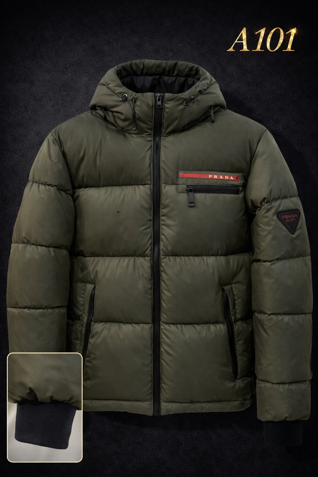 Mens Hooded Puffer Jacket with Zip Pockets Olive A101