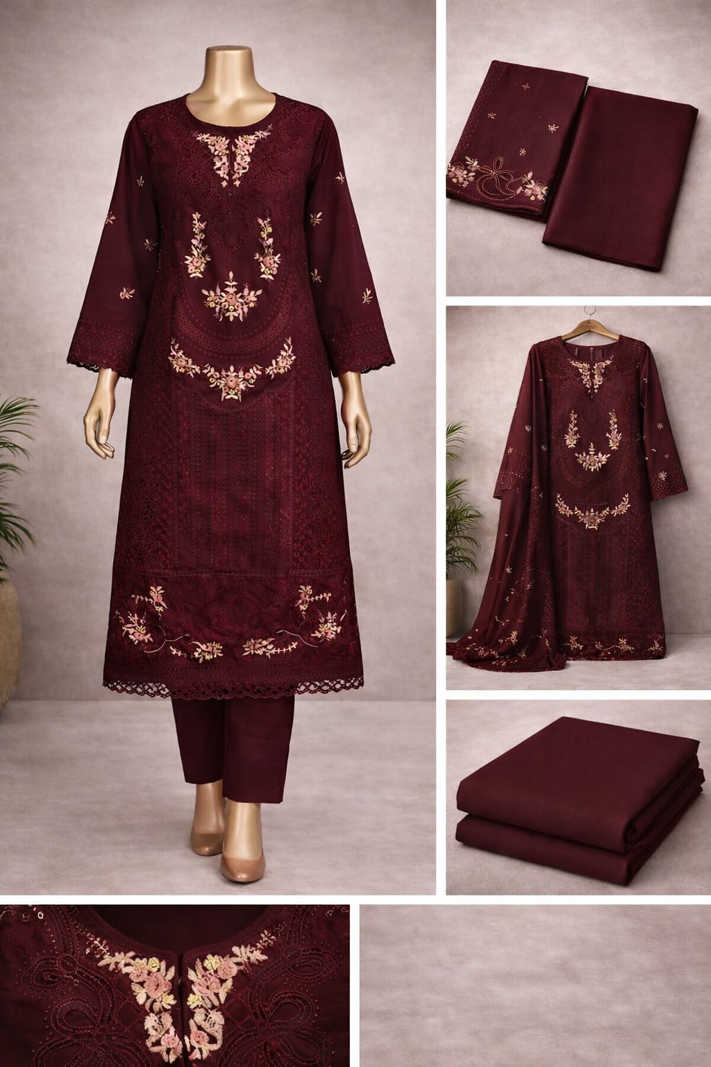 Premium Embroidered 3-Piece 1061 deep maroon