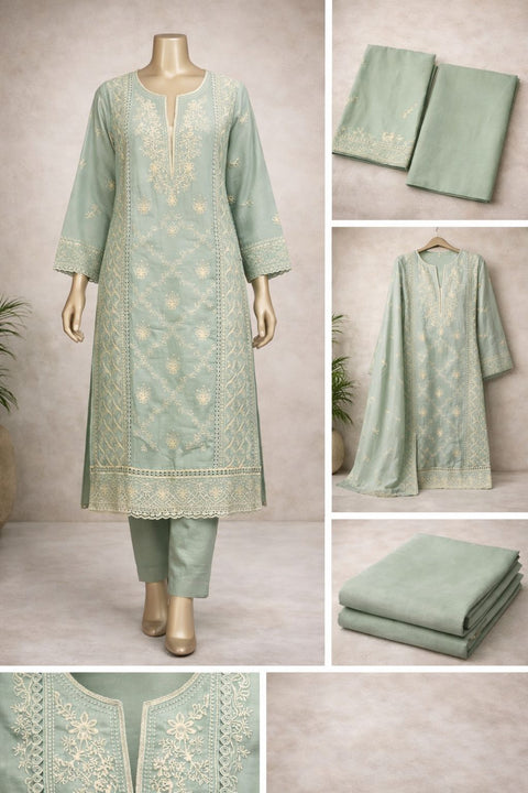 Embroidered Chiffon Unstitched Dress 1064 teal green