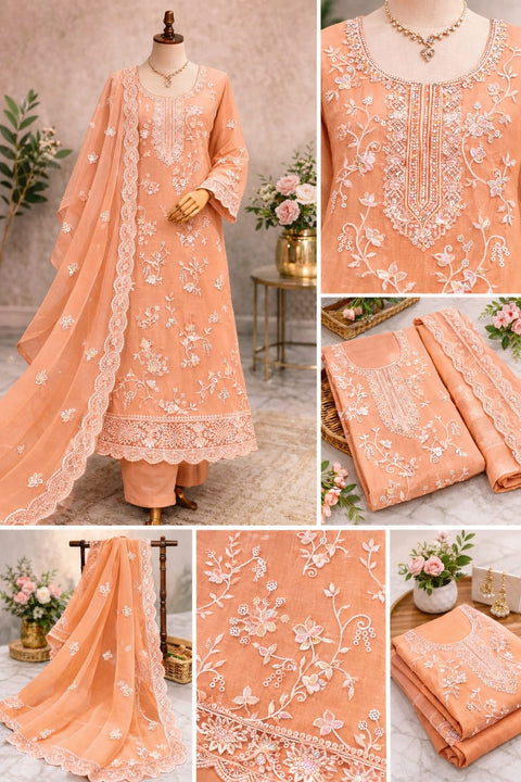Premium Neck Embroidered Party Dress 1067 peach