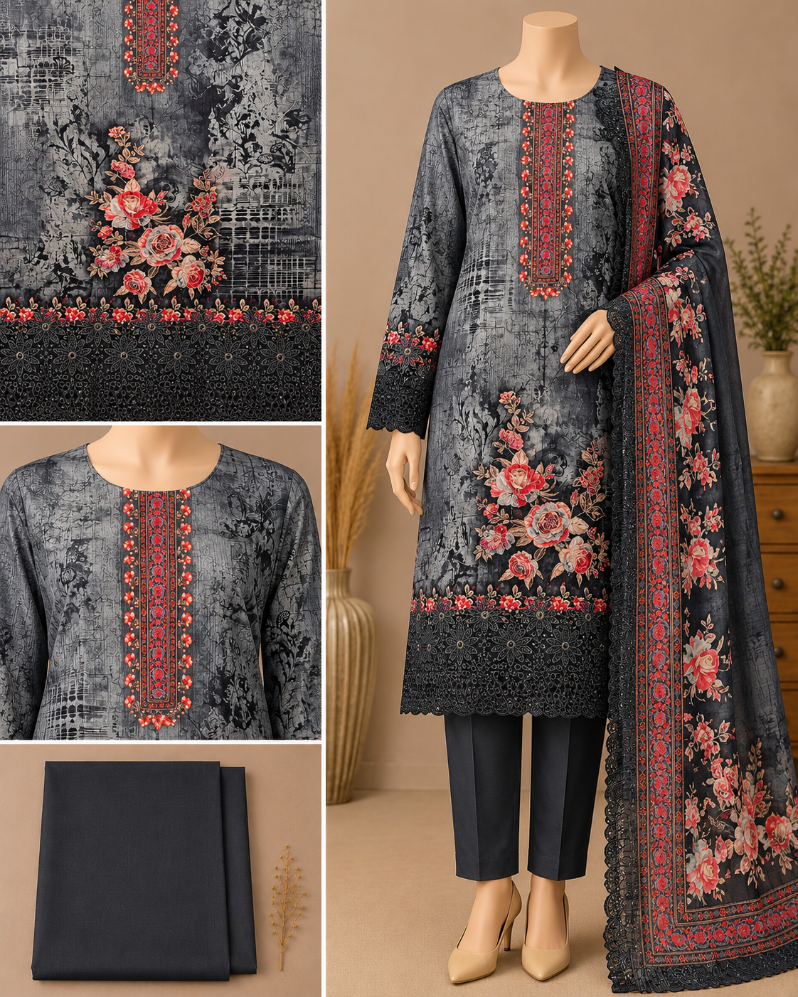 Premium Floral Printed Three-Piece C558