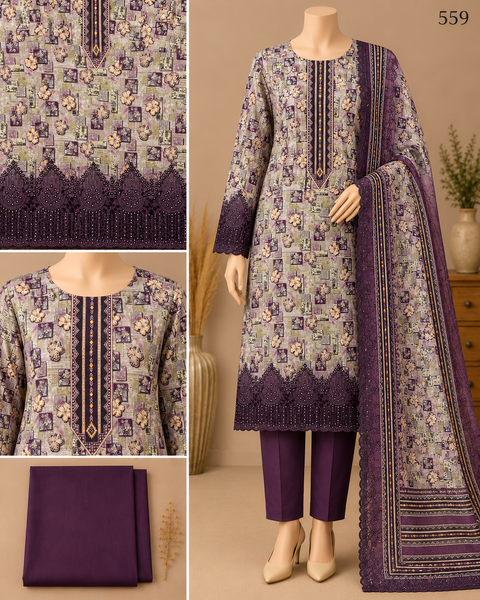 Premium Floral Printed Unready Three-Piece C559
