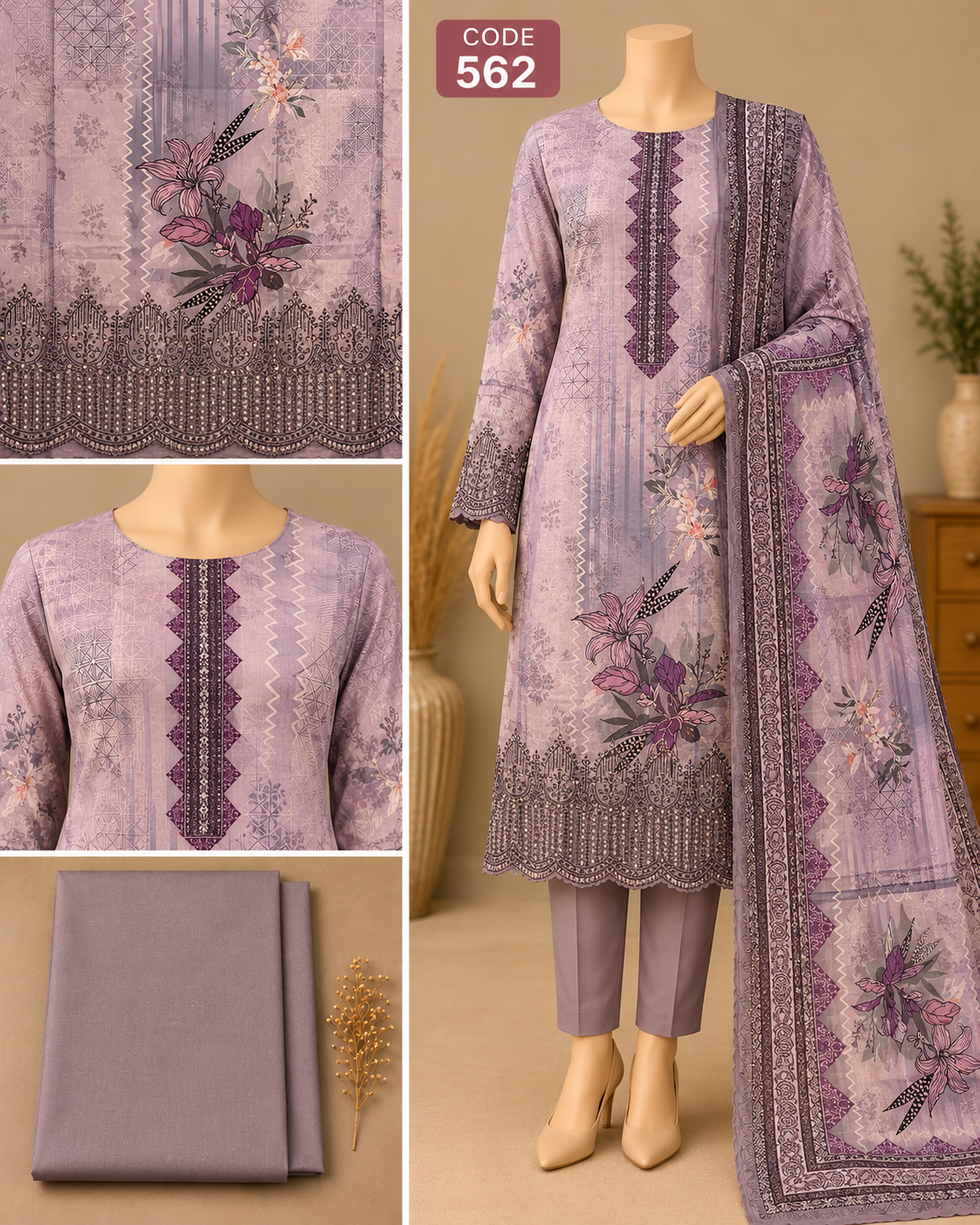 Premium Floral Printed Three-Piece C562